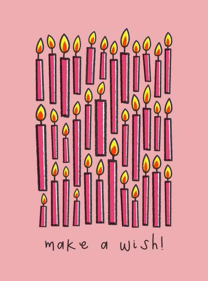 Birthday card with cartoon candles illustration on pink background. Sticker style greeting card in retro style. Cute postcard for child or design for your brand. vector
