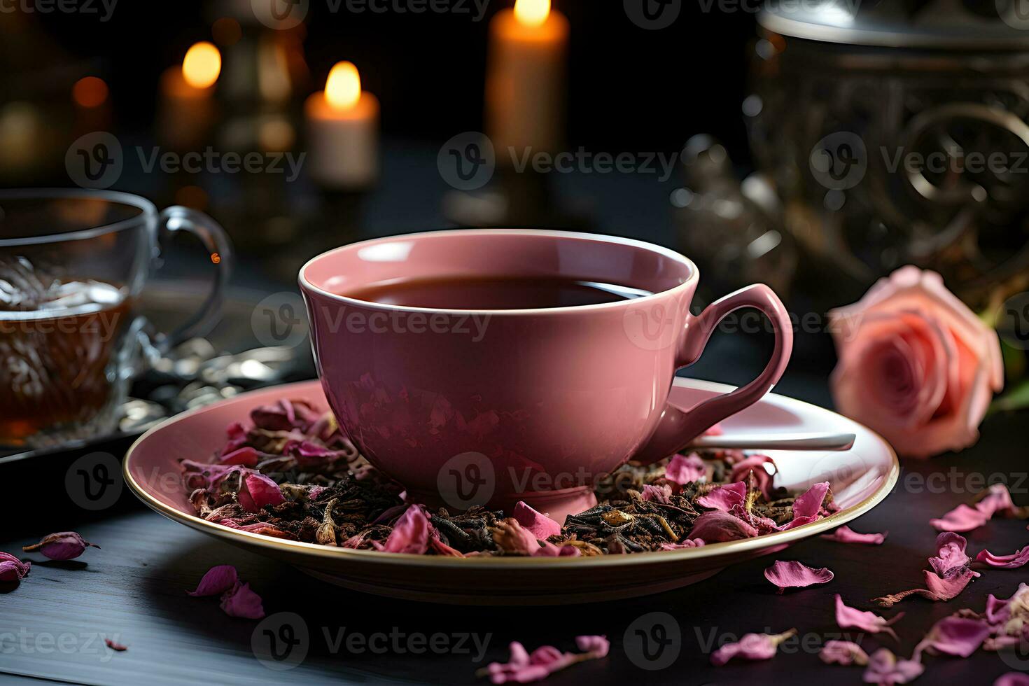 Cup of aromatic tea with fresh roses flowers on the table. Organic and natural, herbal hot healthy beverage. AI Generative photo