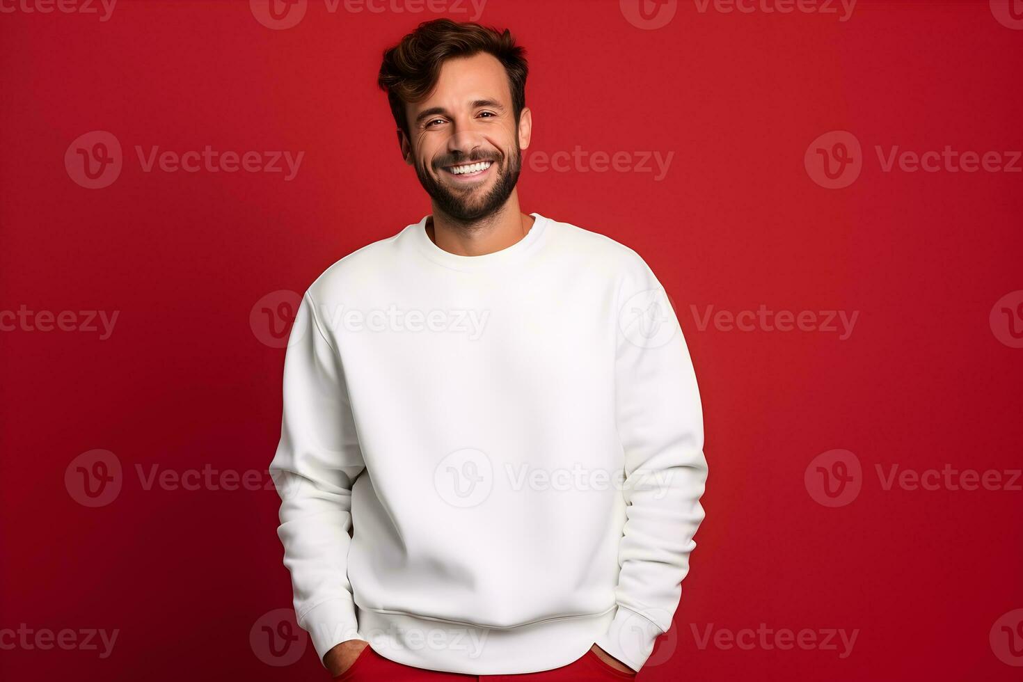 Young man wearing white sweatshirt mockup, at red background. Design pullover template, print presentation mock-up. AI generated. photo