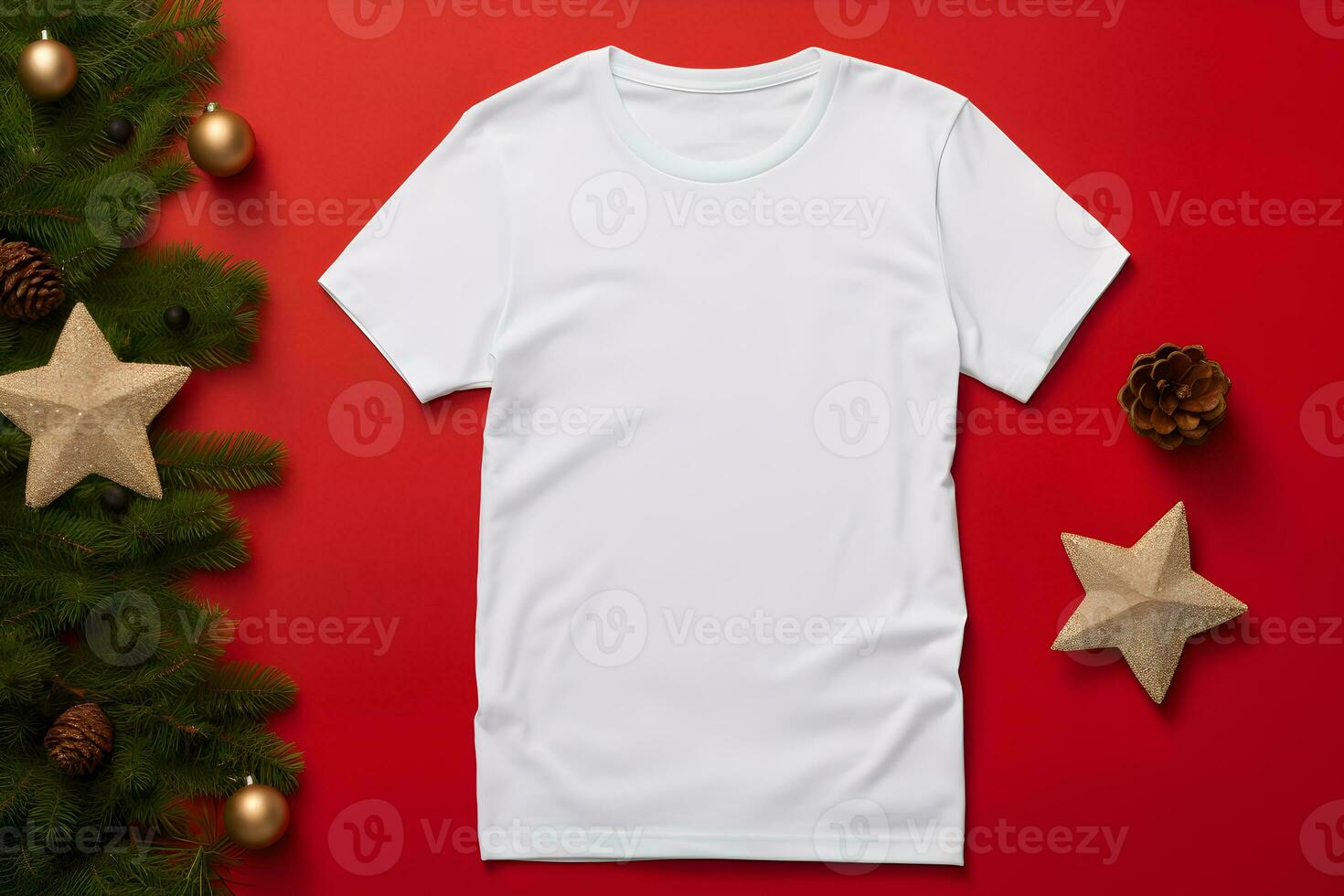 White t-shirt christmas mockup with fir tree branches, cones and gold stars decoration on red background. Design t shirt template, print presentation mock up. Top view flat lay. AI Generative photo