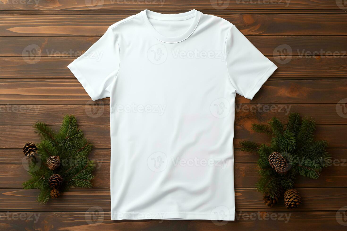 White womens t-shirt christmas mockup with fir tree branches on wooden background. Design t shirt template, print presentation mock up. Top view flat lay. AI Generative photo