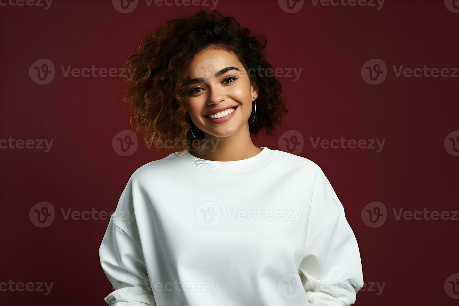 Young woman wearing white sweatshirt mockup, at dark red background. Design pullover template, print presentation mock-up. AI Generative photo