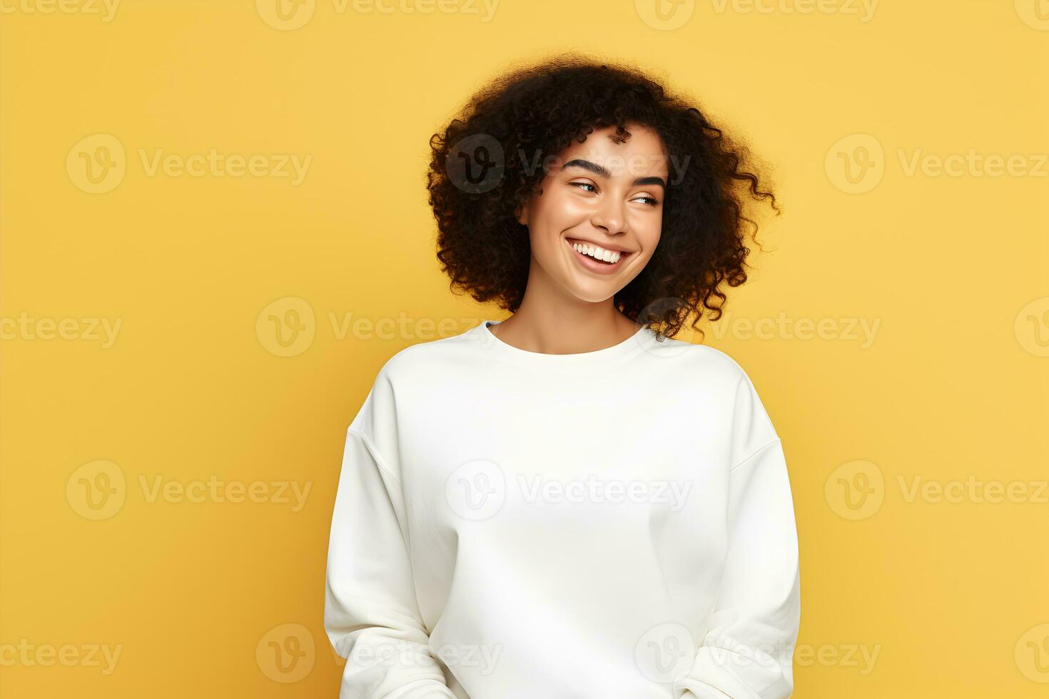 Young woman wearing white sweatshirt mockup, at yellow background. Design pullover template, print presentation mock-up. AI Generative photo