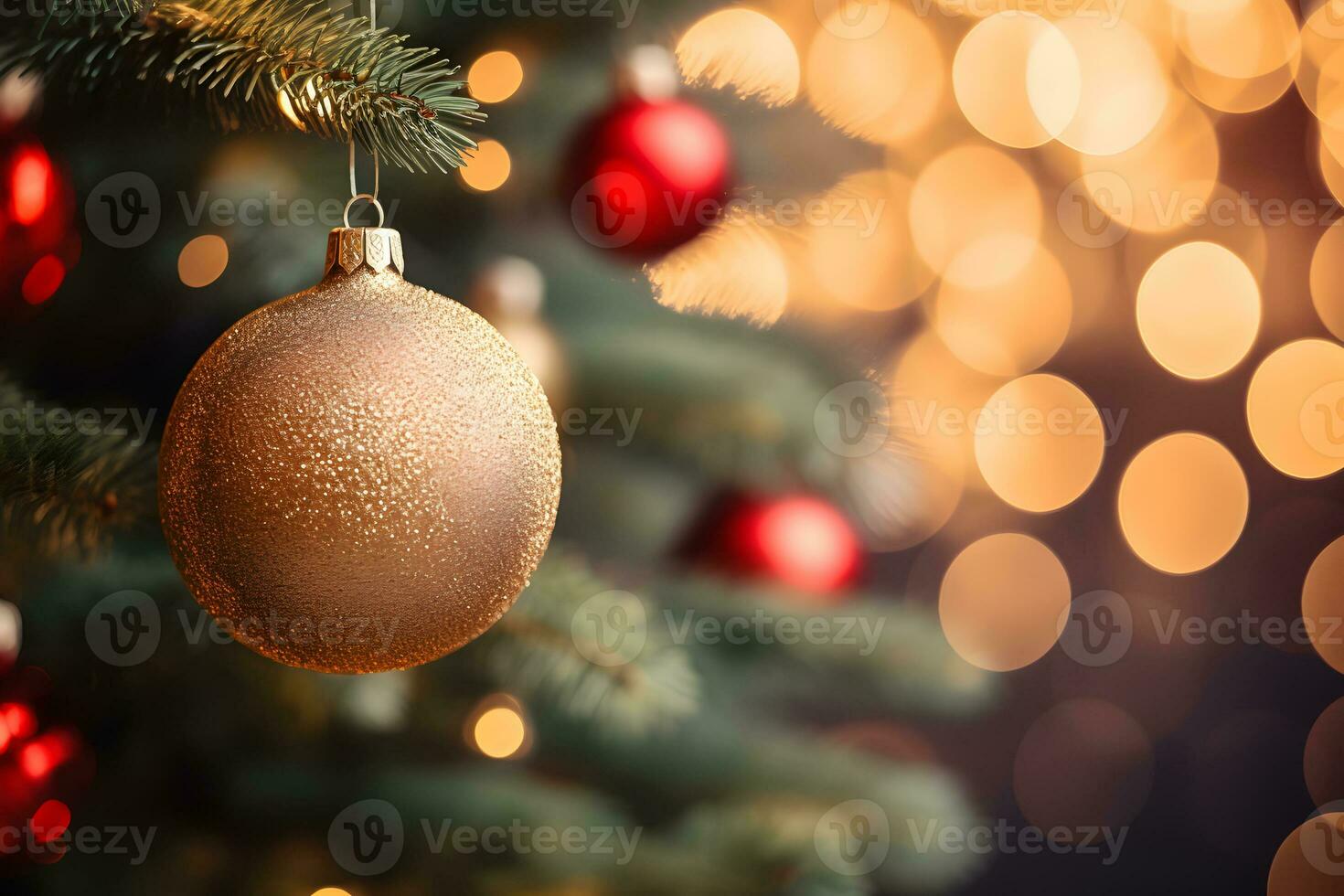 Close up of christmas tree with shiny gold red balls on blurred lights background. Festive mockup with creative baubles decoration and copy space. AI Generative photo