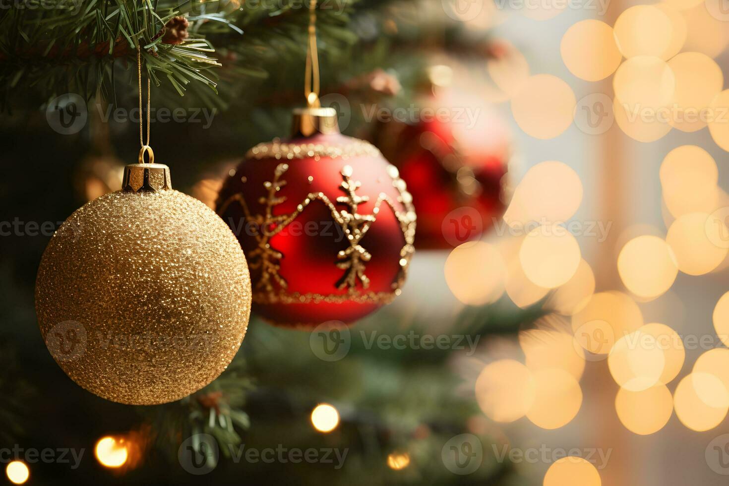 Close up of christmas tree with glitter gold red balls on blurred lights background. Festive mockup with creative baubles decoration and copy space. AI Generative photo