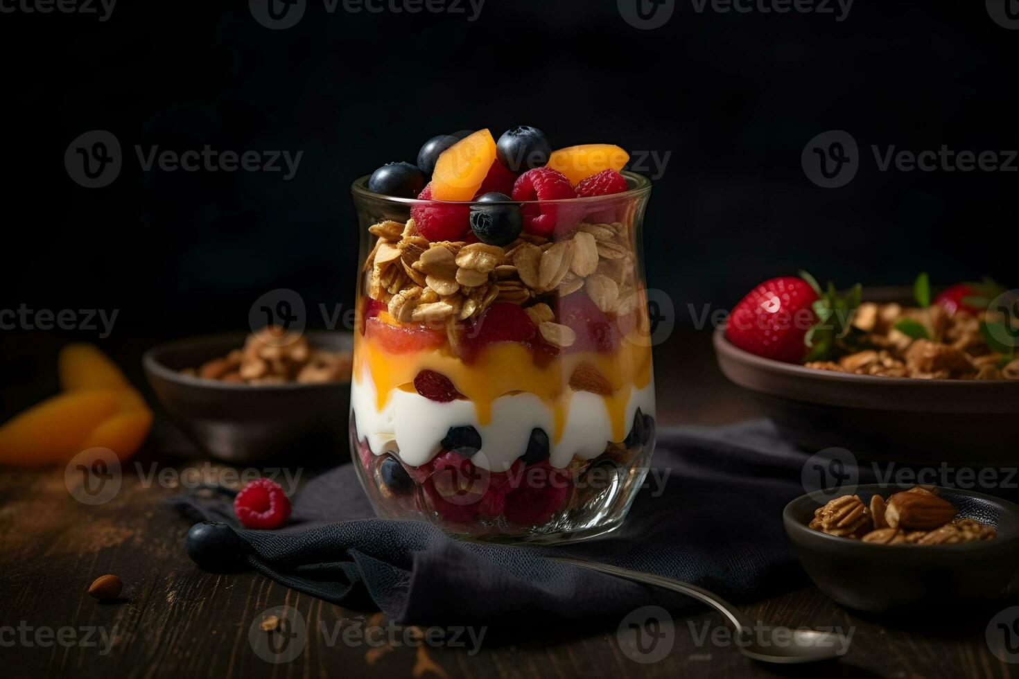 Fresh yogurt granola parfait with sliced nuts, fresh strawberry, raspberry, blueberry and mango fruits in a glass jar on dark background. AI Generative photo