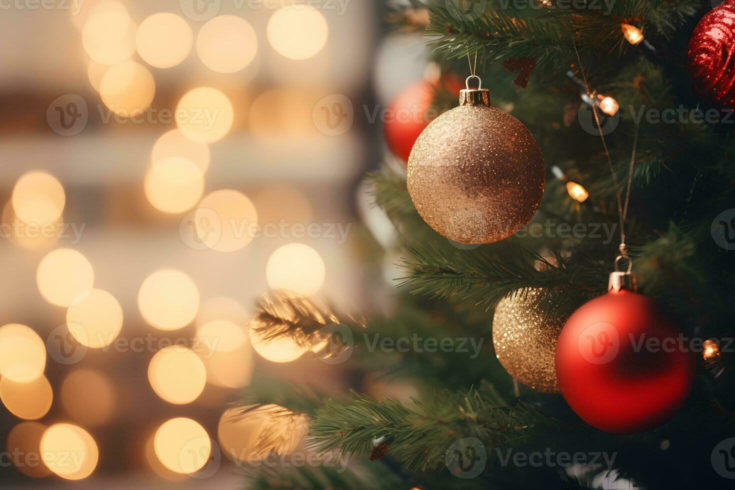 Close up of christmas tree with gold red balls on blurred lights bokeh background. Festive mockup with creative baubles decoration and copy space. AI Generative photo
