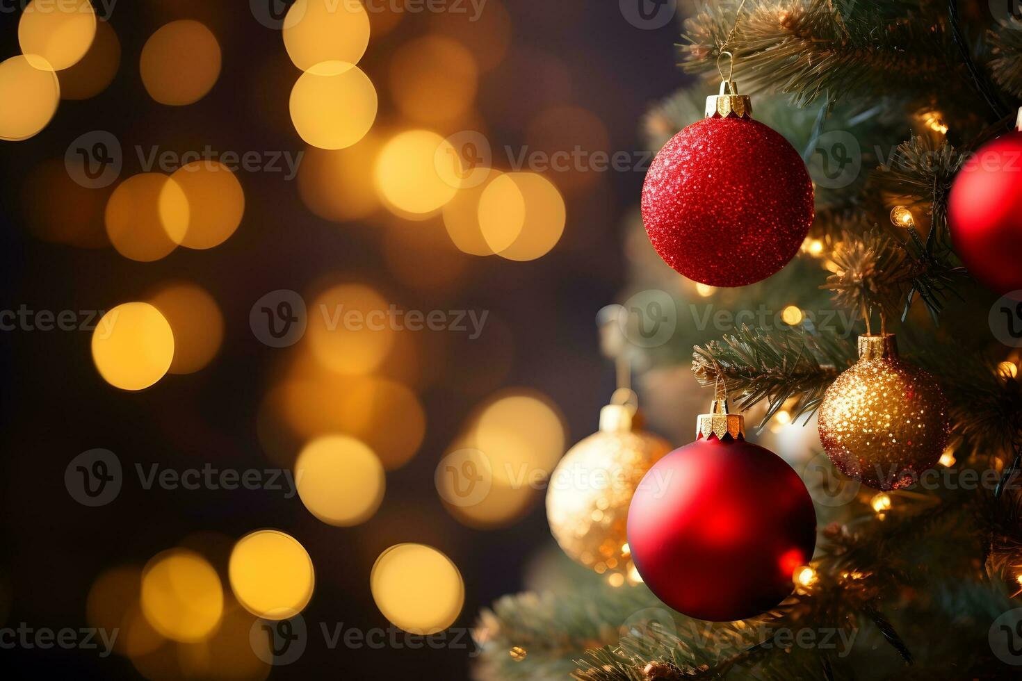 Close up of christmas tree with gold red balls on dark blurred lights background. Festive mockup with creative baubles decoration and copy space. AI Generative photo