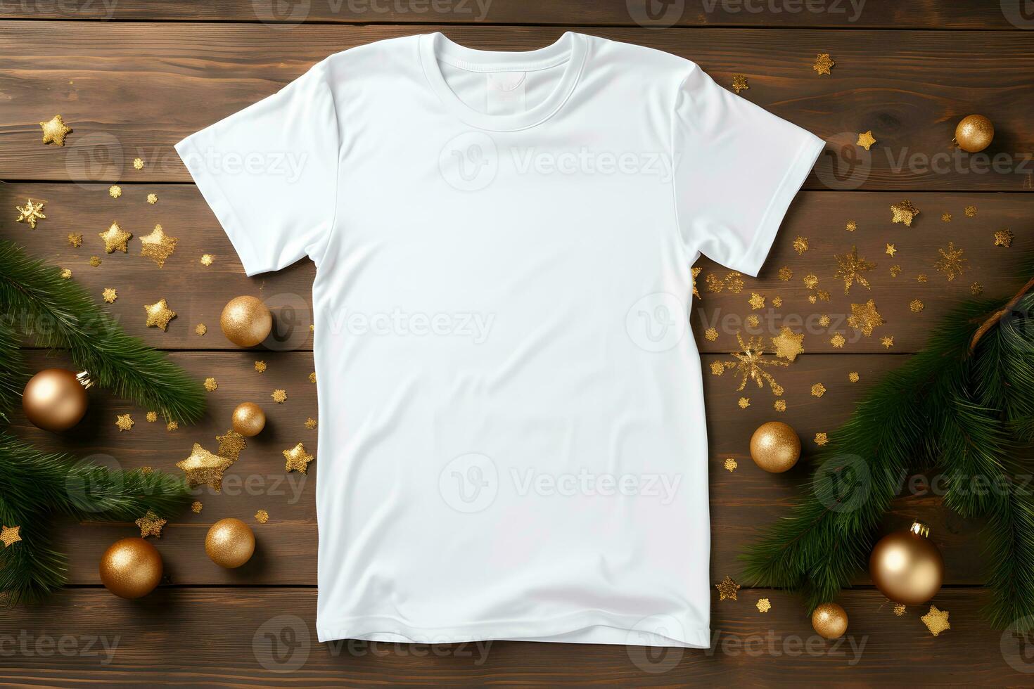 White t-shirt christmas mockup with fir tree branches, cones and balls decoration on wooden background. Design t shirt template, print presentation mock up. Top view flat lay. AI Generative photo