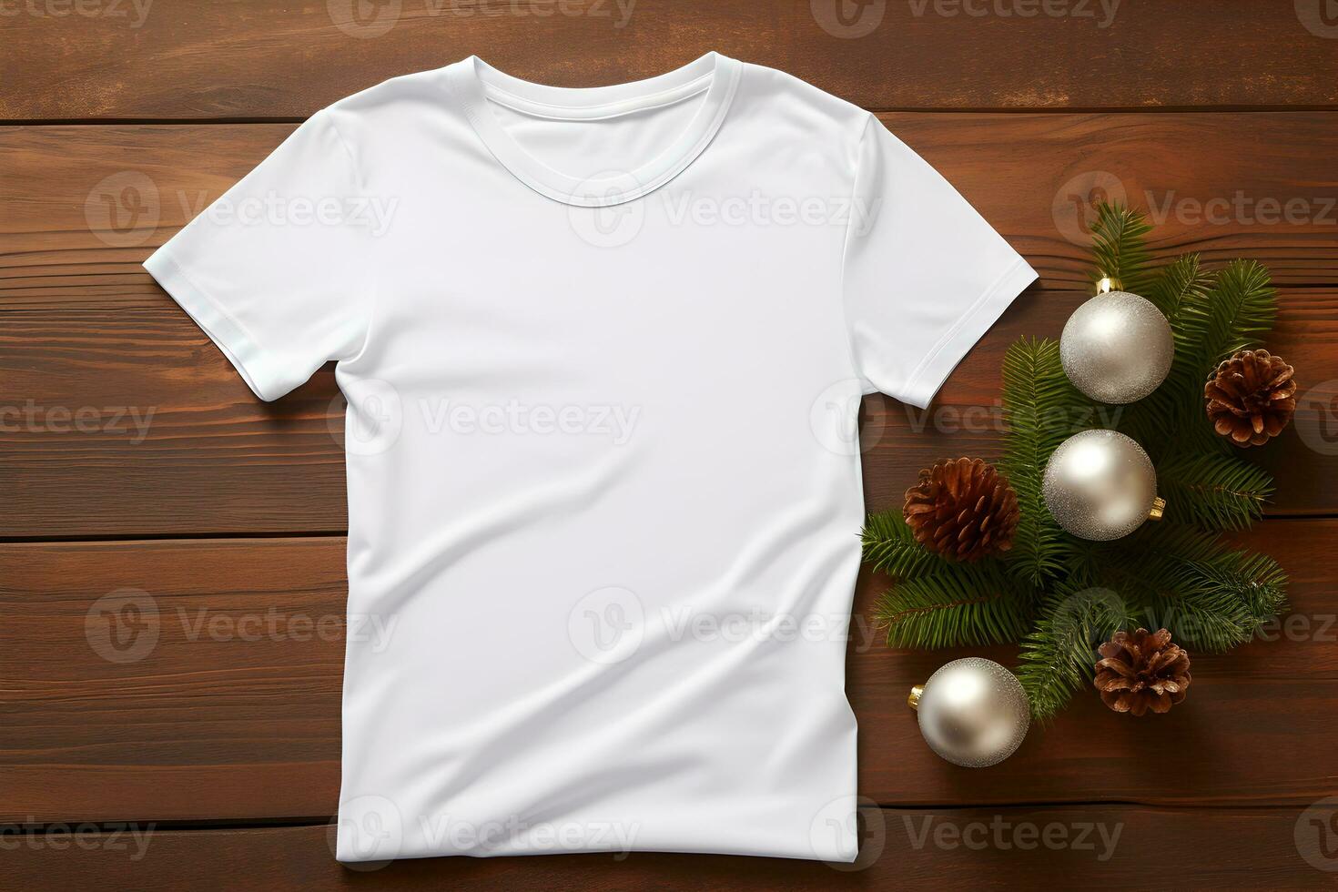 White t-shirt christmas mockup with fir tree branches, cones and balls decoration on wooden background. Design t shirt template, print presentation mock up. Top view flat lay. AI Generative photo