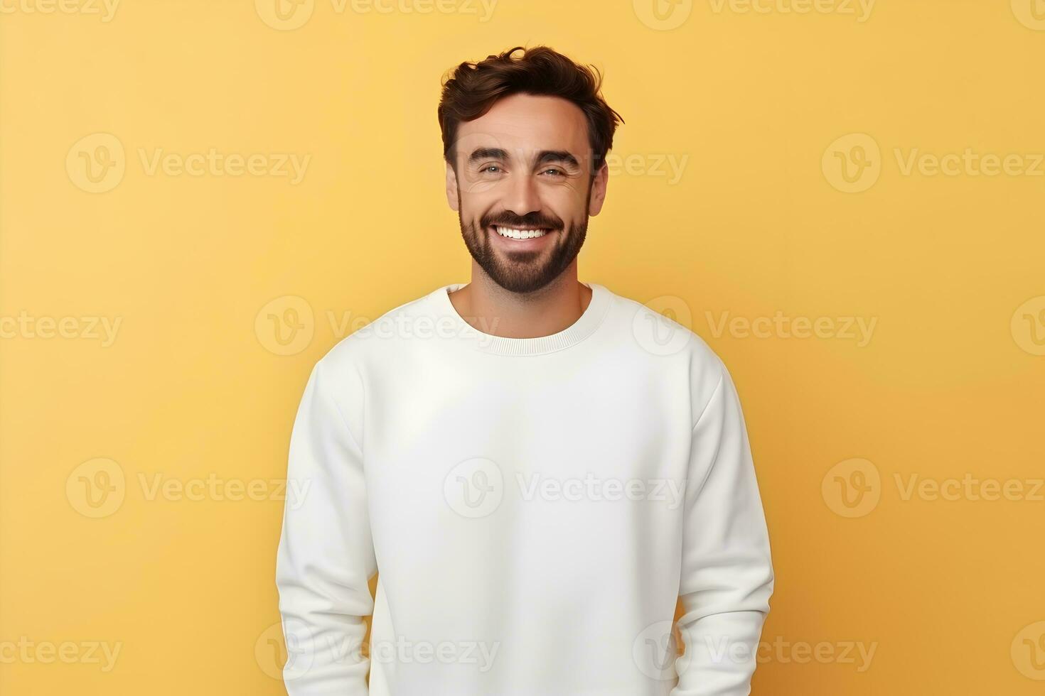 Young man wearing white sweatshirt mockup, at yellow background. Design pullover template, print presentation mock-up. AI Generative photo
