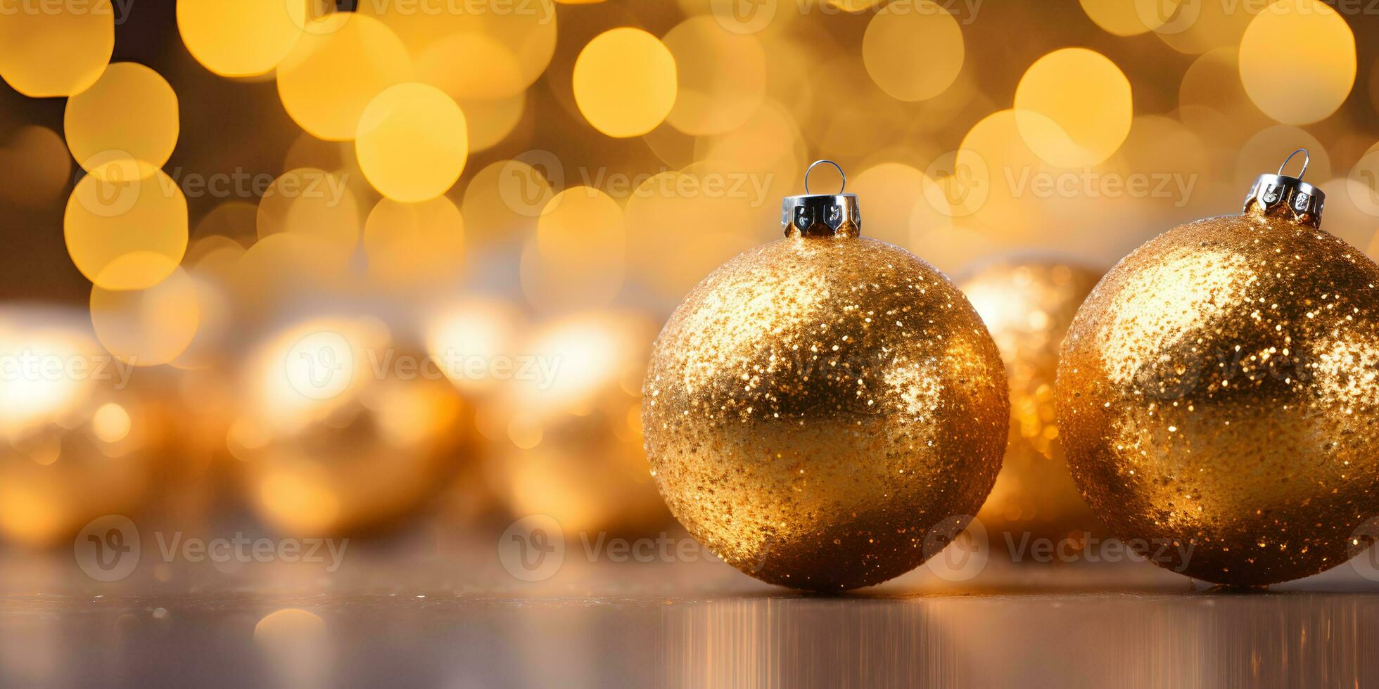 Christmas sparkling gold balls with blurred lights background. Festive banner mockup with creative baubles decoration and copy space. AI Generative photo