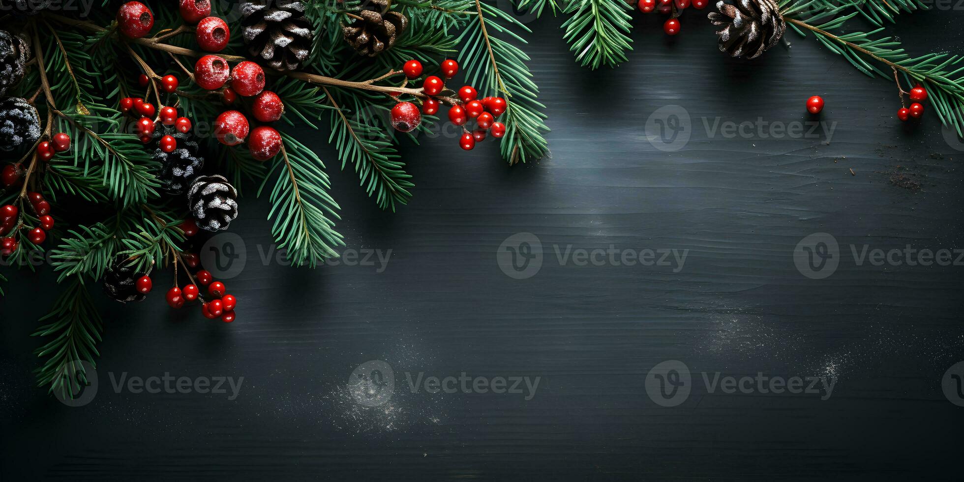 Christmas flat lay mockup banner with pine tree branches, red berries and cones on dark wooden background with copy space. Top view of winter holiday concept composition. AI Generative photo