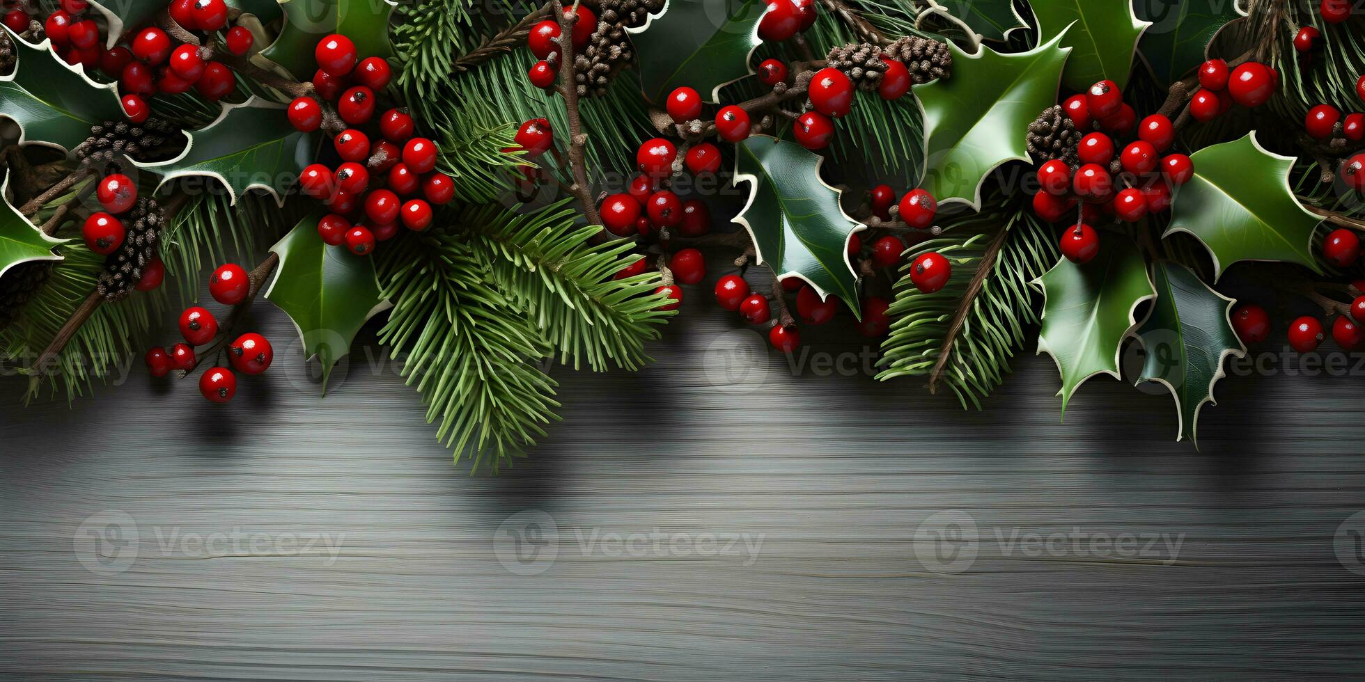 Christmas flat lay mockup with fir tree branches, holly and red berries on white wooden background with copy space. Top view of winter holiday concept composition. AI Generative photo