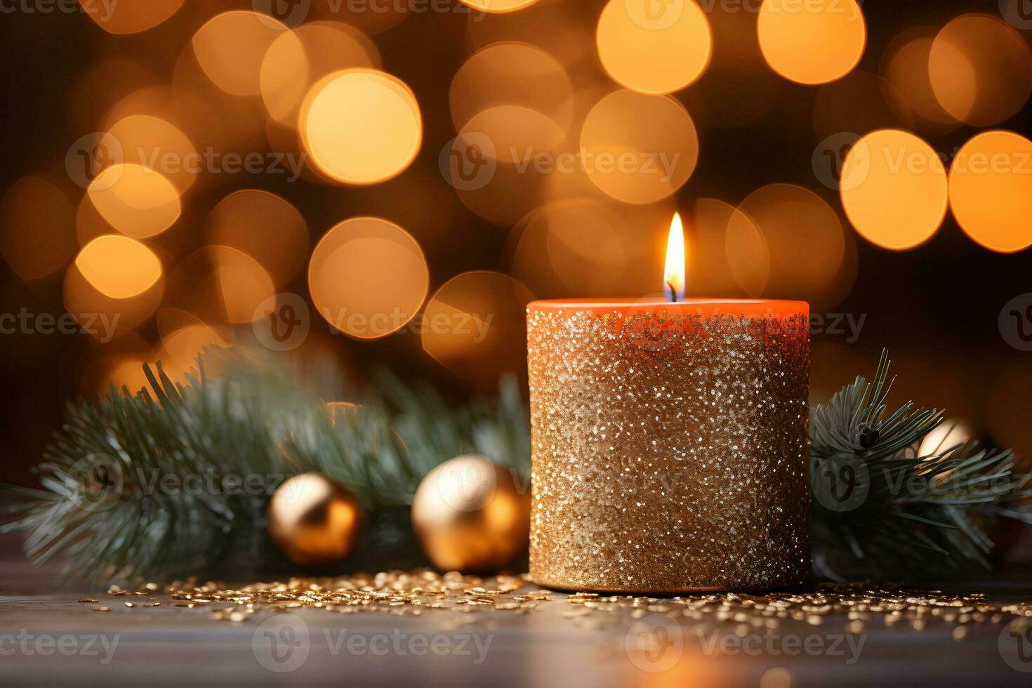 Christmas gold burning candle on festive sparkling background. First advent sunday tradition with xmas decoration and fir branches. AI Generative photo