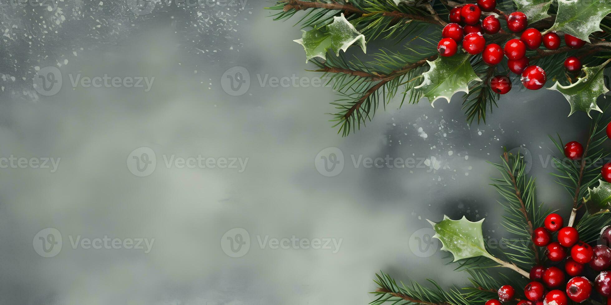 Christmas flat lay mockup banner with fir tree branches, holly and red berries on dark background with copy space. Top view of winter holiday concept composition. AI Generative photo