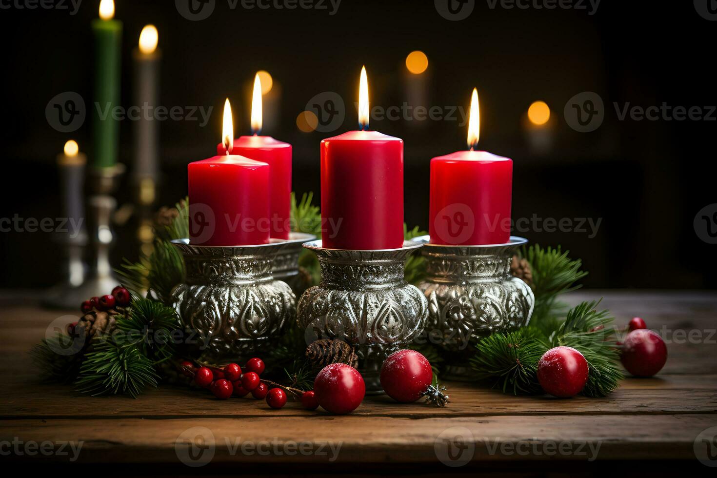 Four red burning candles in candlesticks for german advent season. Christmas wreath decoration on dark wooden background. AI Generative photo