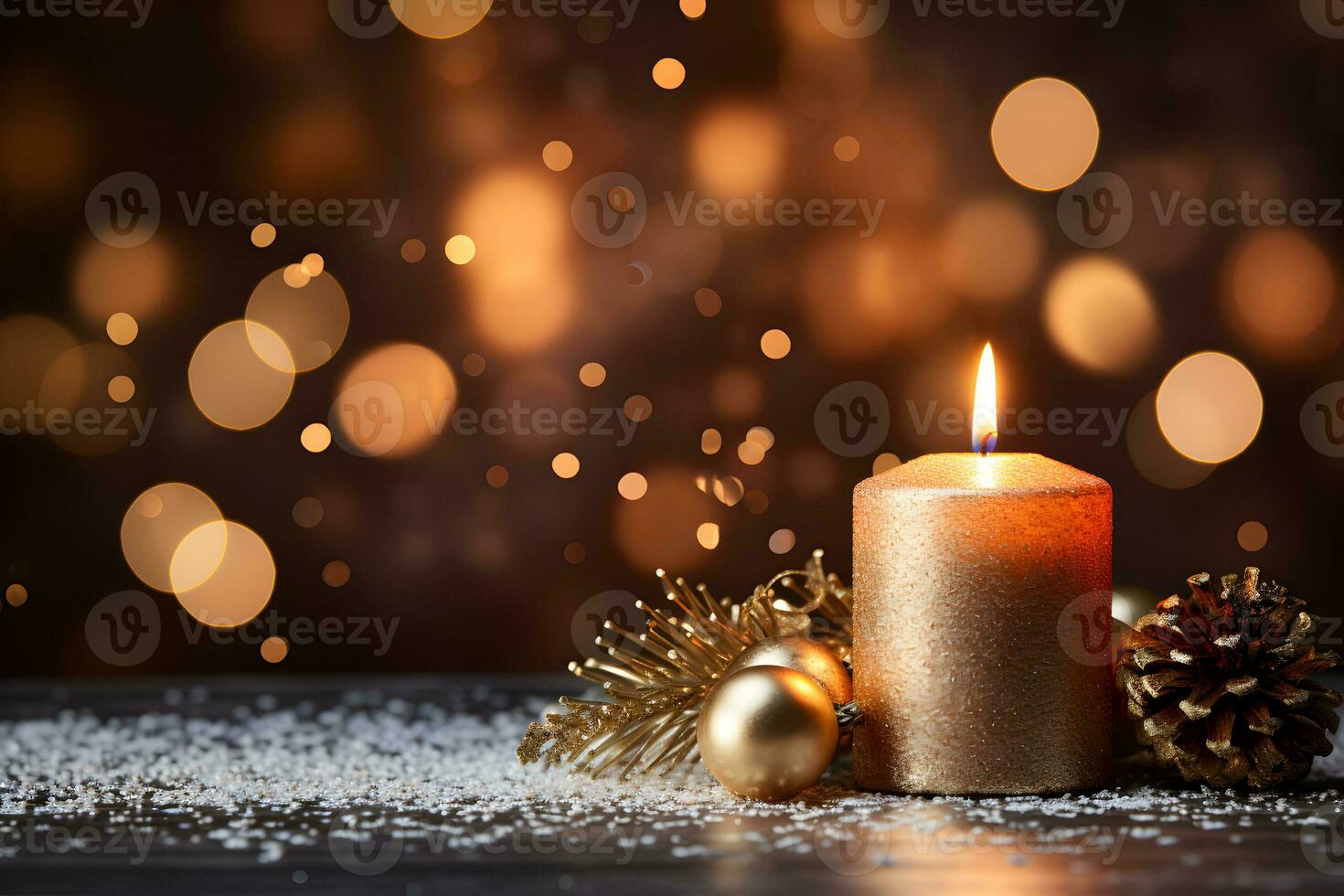 Christmas gold burning candle on dark festive sparkling background. First advent sunday tradition with xmas decoration and copy space. AI Generative photo