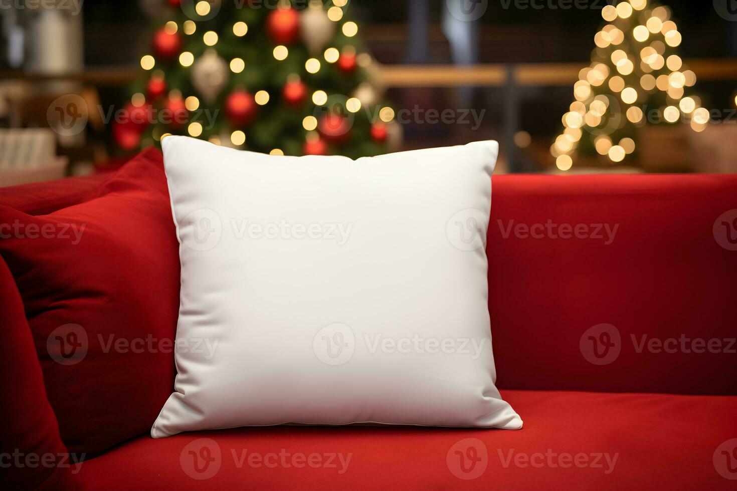 Blank white pillow mockup on red sofa with christmas tree and lights bokeh background. Holiday template composition with decoration. Copy space. AI Generative photo