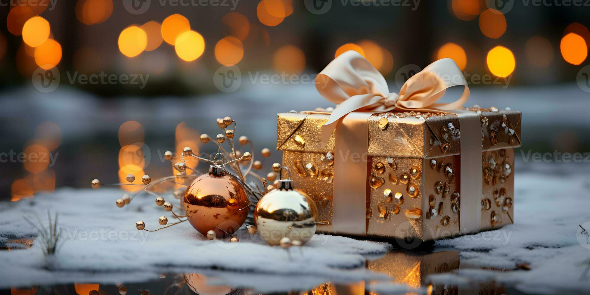 Gold gift box on the snow with christmas ornaments decoration on blurred glowing lights background. Festive banner styled composition. AI Generative photo