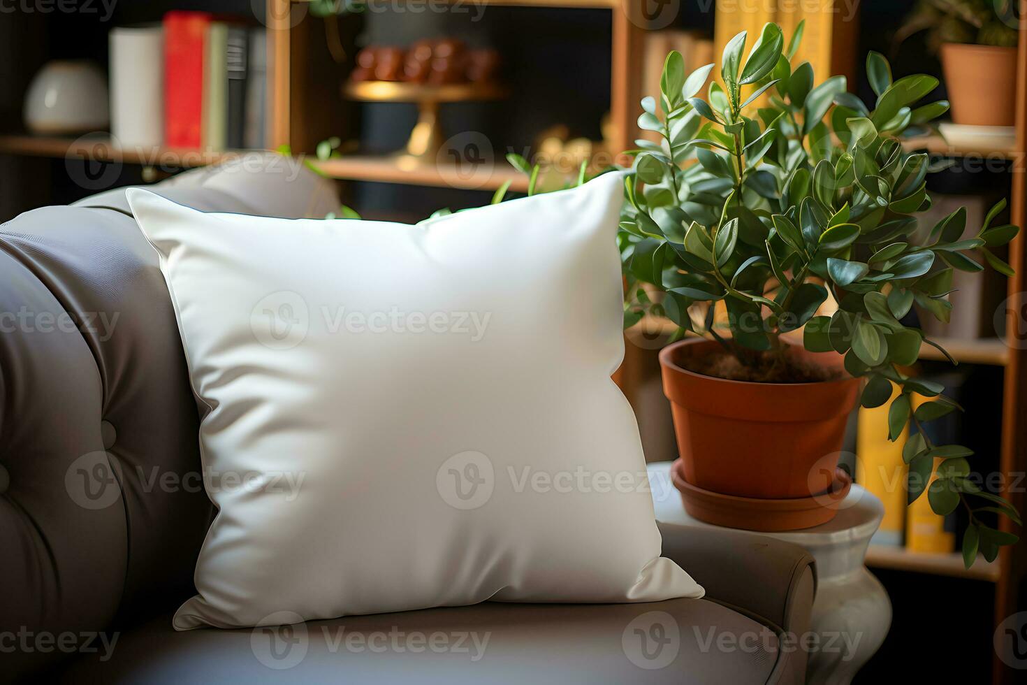 Blank white pillow mockup on dark sofa with house plants and home interior background. Home template composition with decoration. Copy space. AI Generative photo