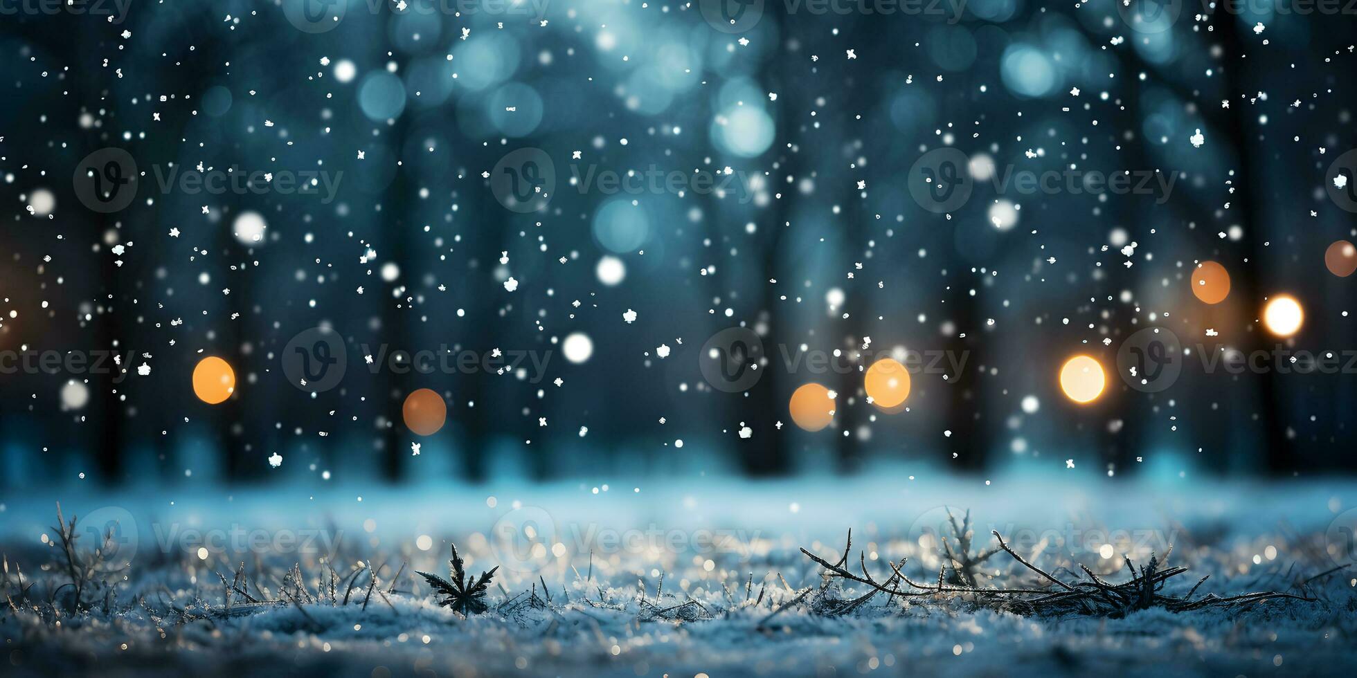 Winter snowfall banner landscape background with festive evening city lights in the background. AI Generative photo