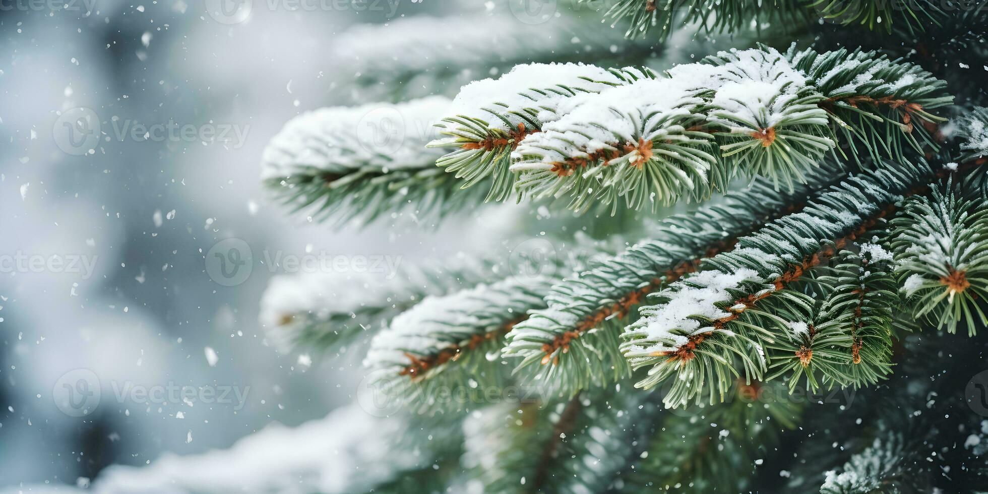 Close up background of fir green branches with snow. Christmas or winter banner. AI Generative photo