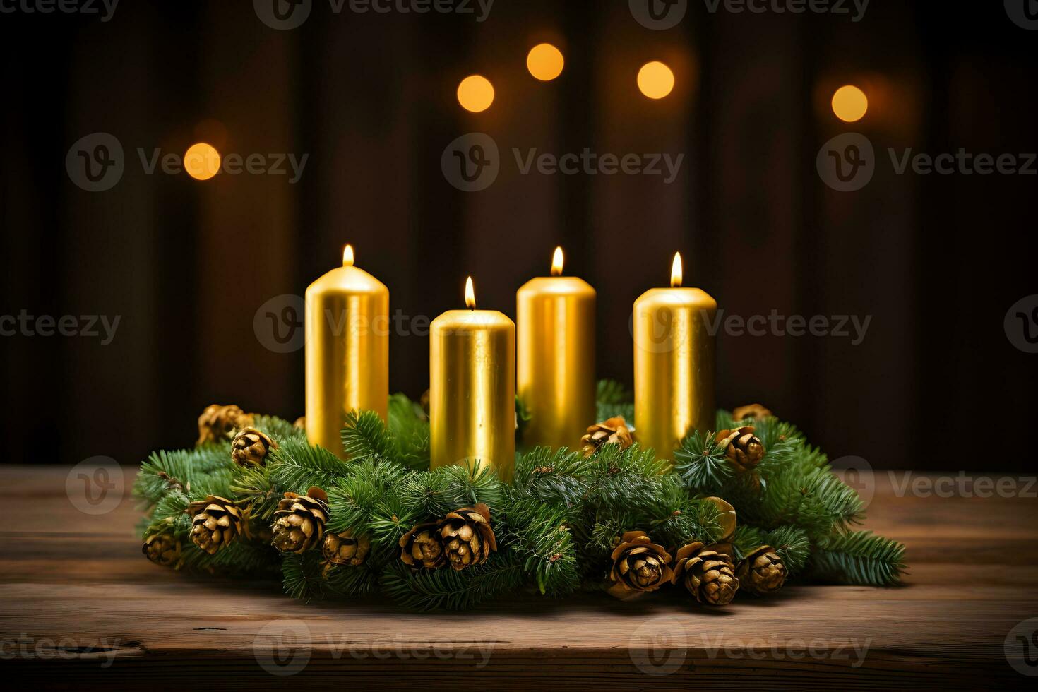 Four gold burning candles with fir cones for german advent season. Christmas wreath decoration on dark background. AI Generative photo