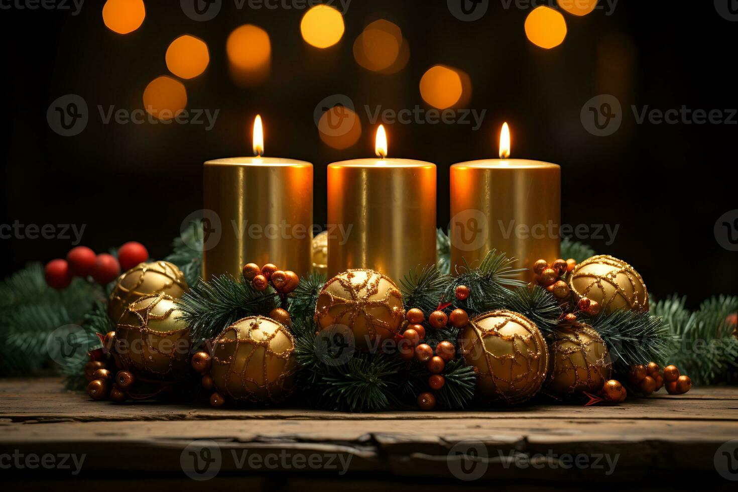 Three gold burning candles for german advent season. Christmas wreath decoration on dark wooden background. AI Generative photo