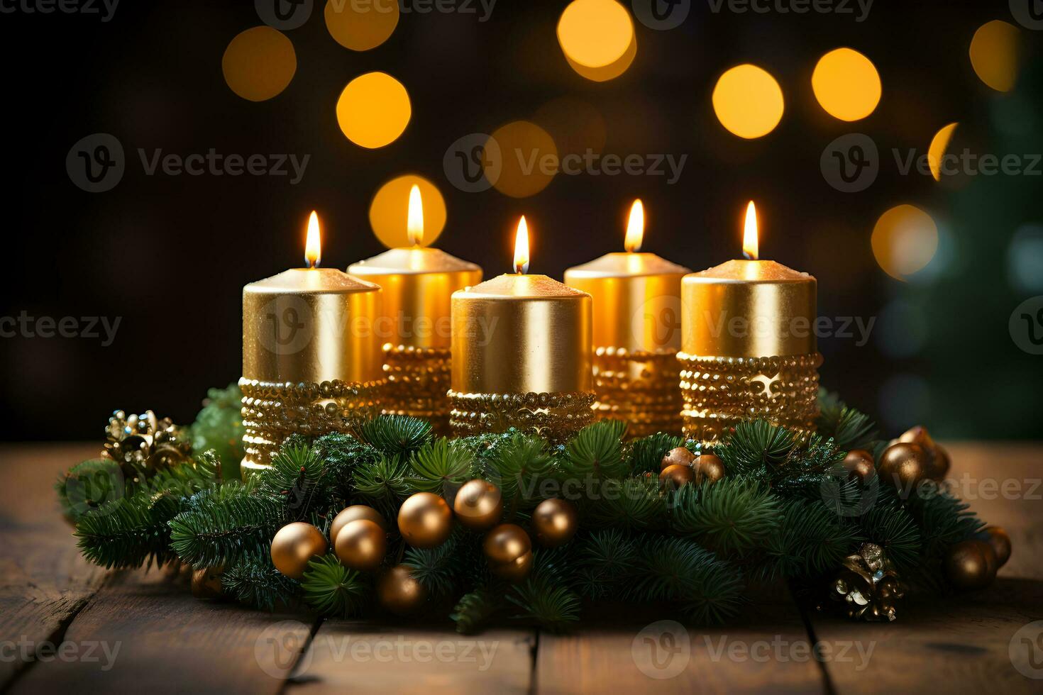 Gold burning candles for german advent season. Christmas wreath decoration on dark wooden background. AI Generative photo