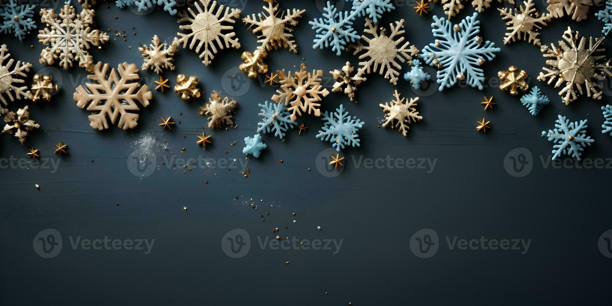 Christmas flat lay banner with snowflakes decoration on the dark background with copy space. AI Generative photo
