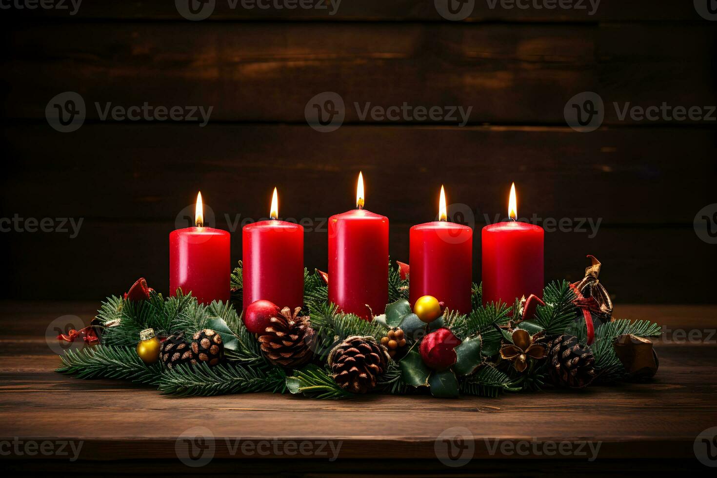 Red burning candles for german advent season. Christmas wreath decoration on dark wooden background. AI Generative photo