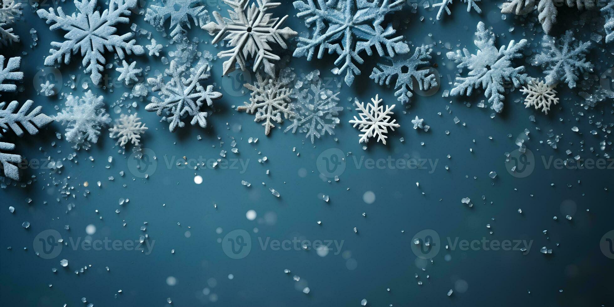 Christmas flat lay banner with snow, snowflakes, beautiful macro shot on the dark navy blue background. AI Generative photo