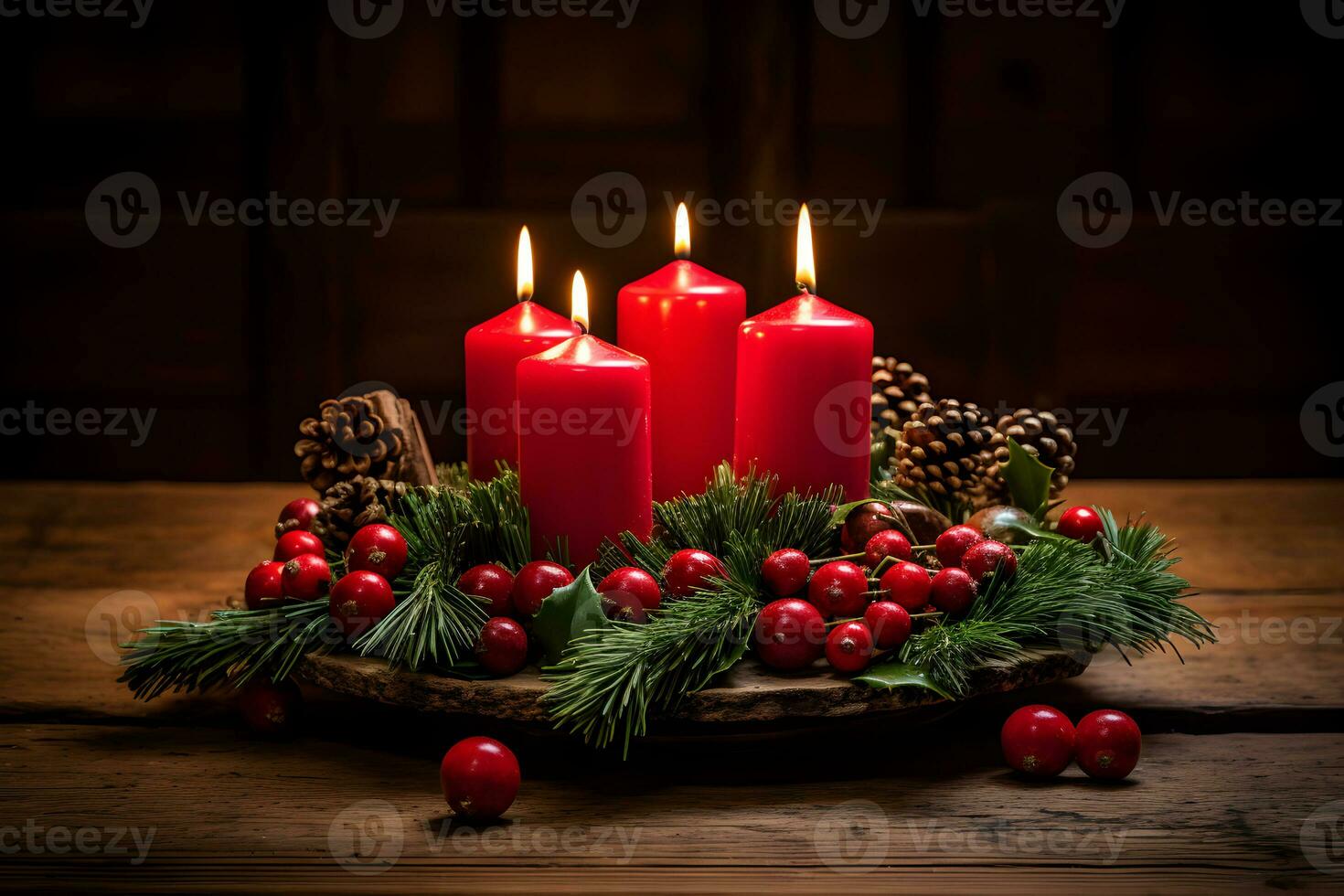 Four red burning candles for german advent season. Christmas wreath decoration on dark background. AI Generative photo