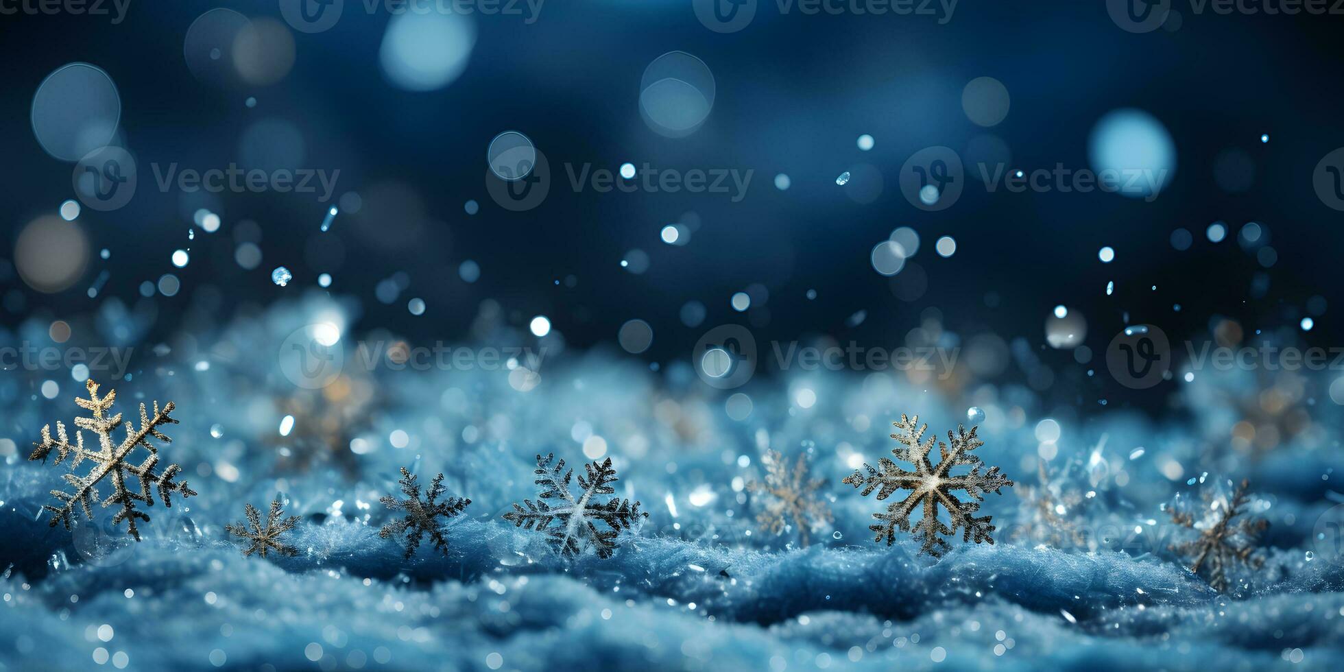 Winter dark banner with snow, snowflakes, beautiful macro shot on the navy blue background with free space. AI Generative photo