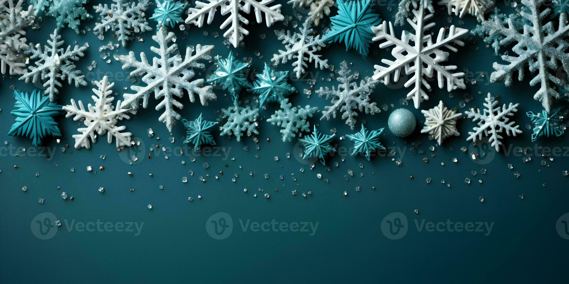 Navidad plano laico bandera con nieve, copos de nieve, hermosa macro Disparo en el oscuro Armada azul antecedentes con gratis espacio. ai generativo foto