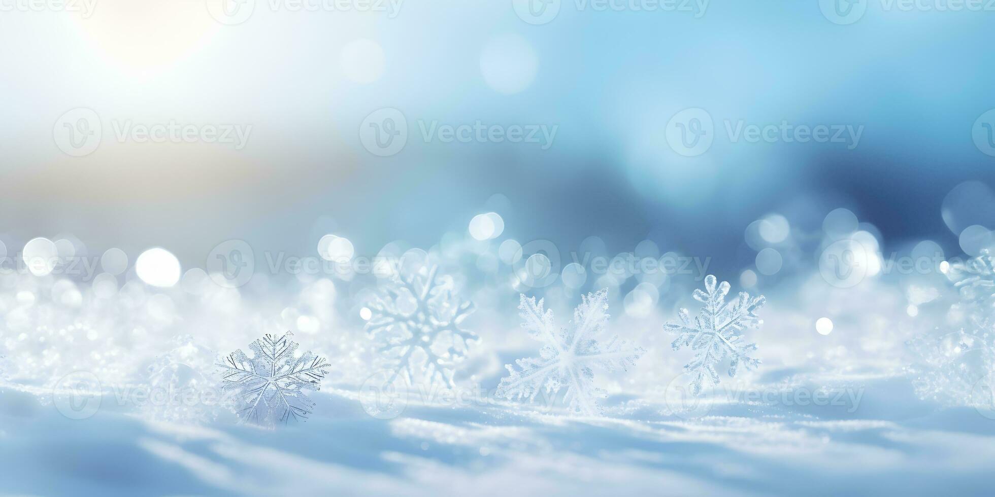 Winter snow banner background with snowflakes, beautiful macro shot on the blue sky. AI Generative photo