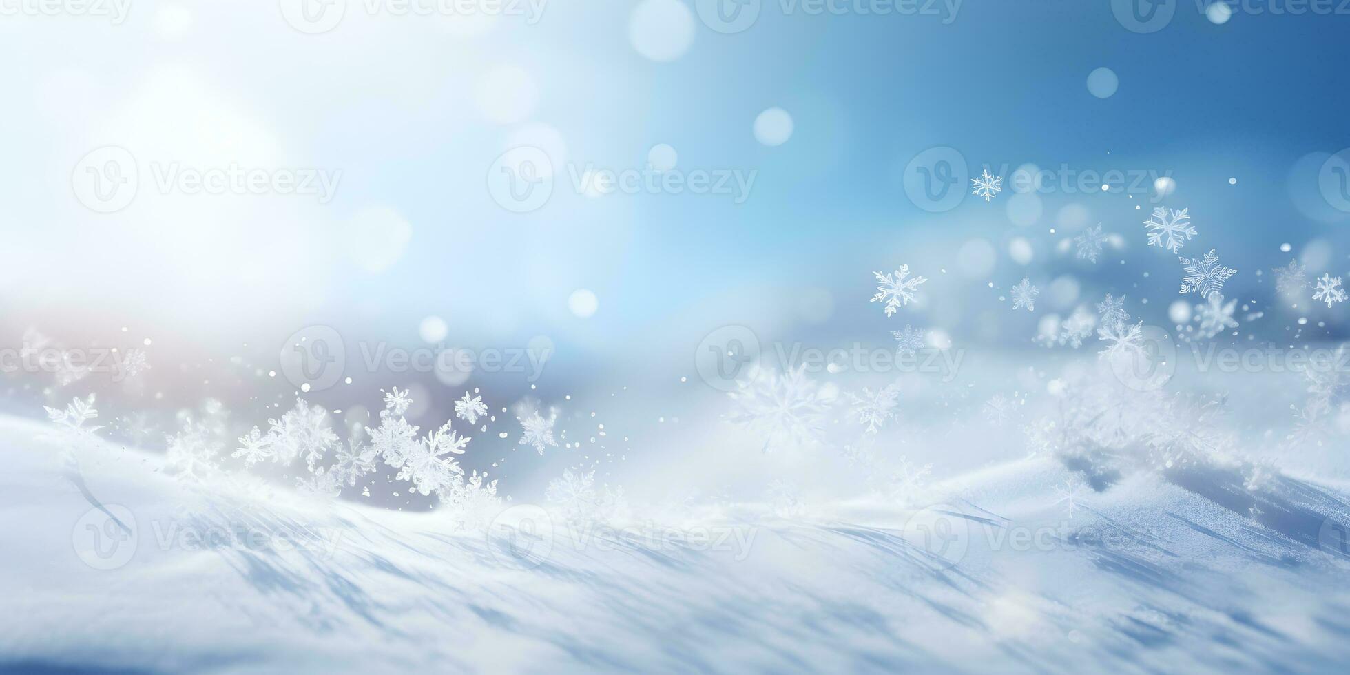Winter snow banner background with snowdrifts, beautiful light and snowflakes on the blue sky. AI Generative photo
