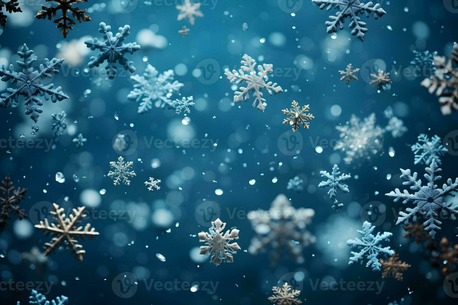 Christmas falling snowflakes, winter snow pattern, graphic resource on the dark navy blue background. AI Generative photo