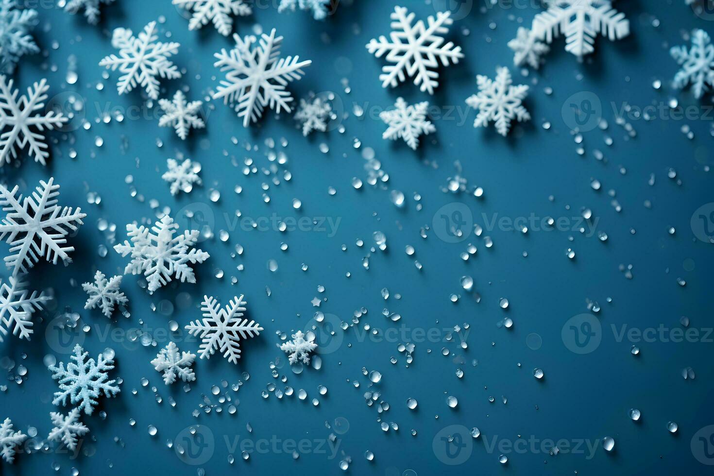 Christmas flat lay mockup with snow, snowflakes and ice, on the dark navy blue background with copy space. AI Generative photo