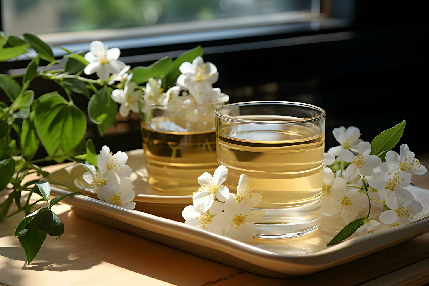 Cup of aromatic jasmine tea with fresh flowers on the table. Organic and natural, herbal hot healthy beverage. AI Generative photo