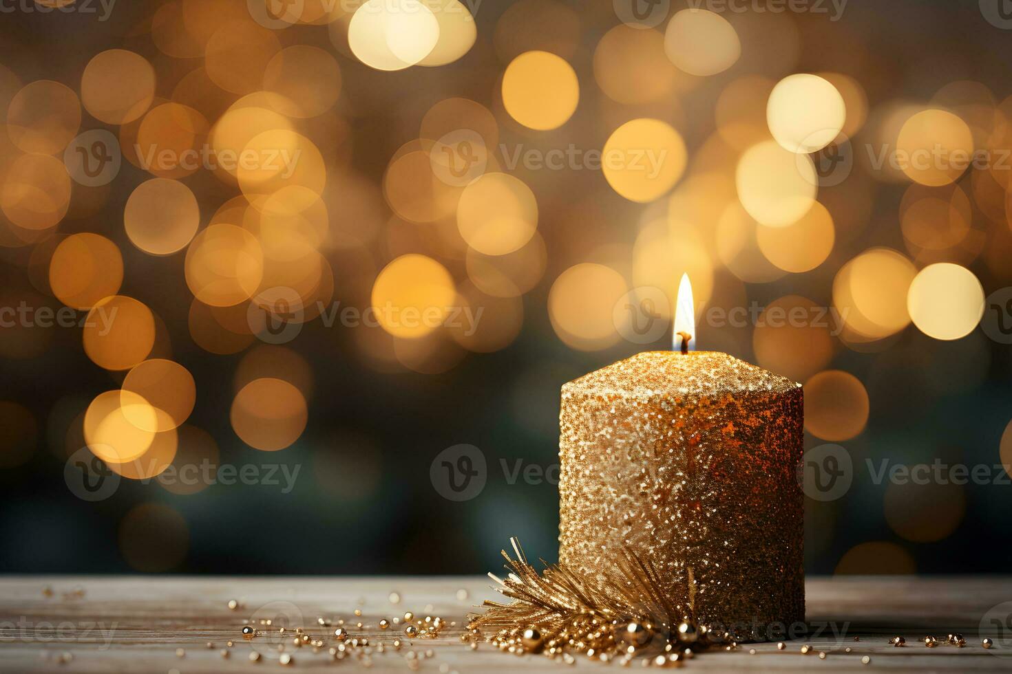 Christmas gold burning candle on festive sparkling background. First advent sunday tradition with xmas decoration and copy space. AI Generative photo