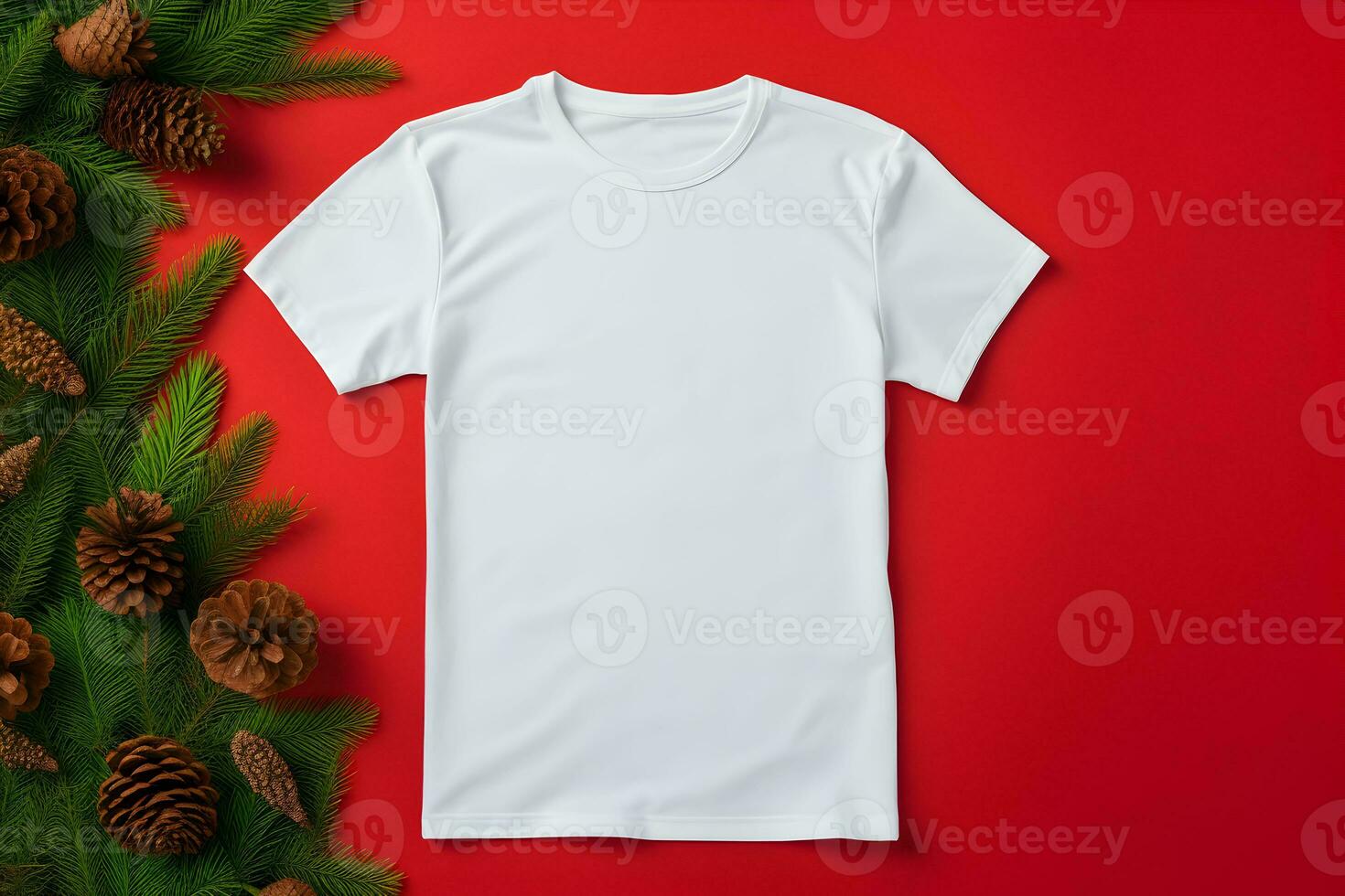 White t-shirt christmas mockup with fir tree branches on red background. Design t shirt template, print presentation mock up. Top view flat lay. AI Generative photo