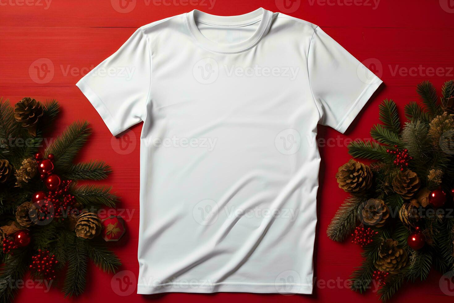 White t-shirt christmas mockup with fir tree branches, cones, balls and baubles decoration on red background. Design t shirt template, print presentation mock up. Top view flat lay. AI Generative photo