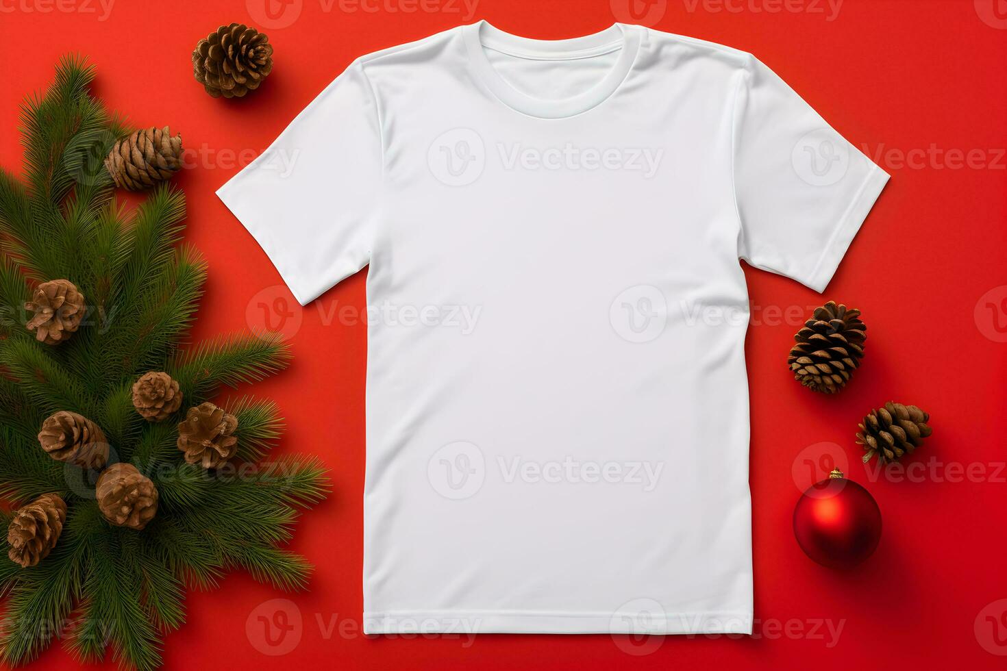 White t-shirt christmas mockup with fir tree branches, cones and balls decoration on red background. Design t shirt template, print presentation mock up. Top view flat lay. AI Generative photo