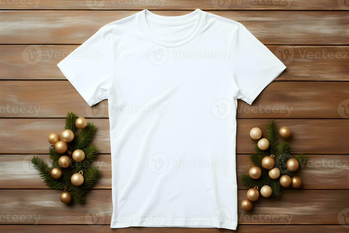 White t-shirt christmas mockup with fir tree branches, cones and balls decoration on wooden background. Design t shirt template, print presentation mock up. Top view flat lay. AI Generative photo