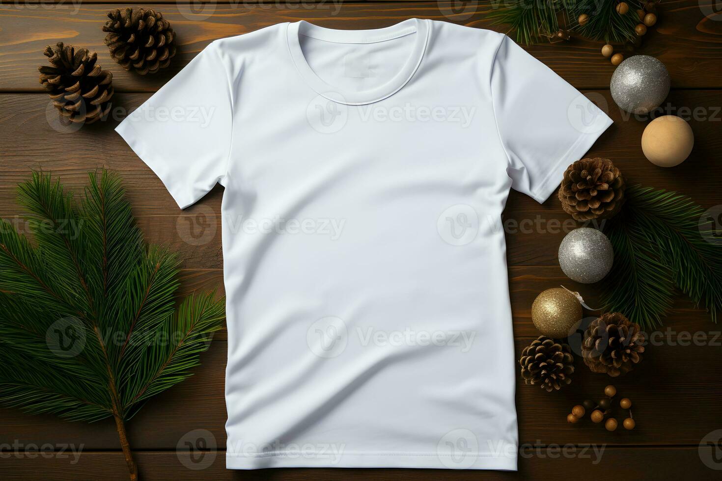 White t-shirt christmas mockup with fir tree branches, cones and balls decoration on wooden background. Design t shirt template, print presentation mock up. Top view flat lay. AI Generative photo