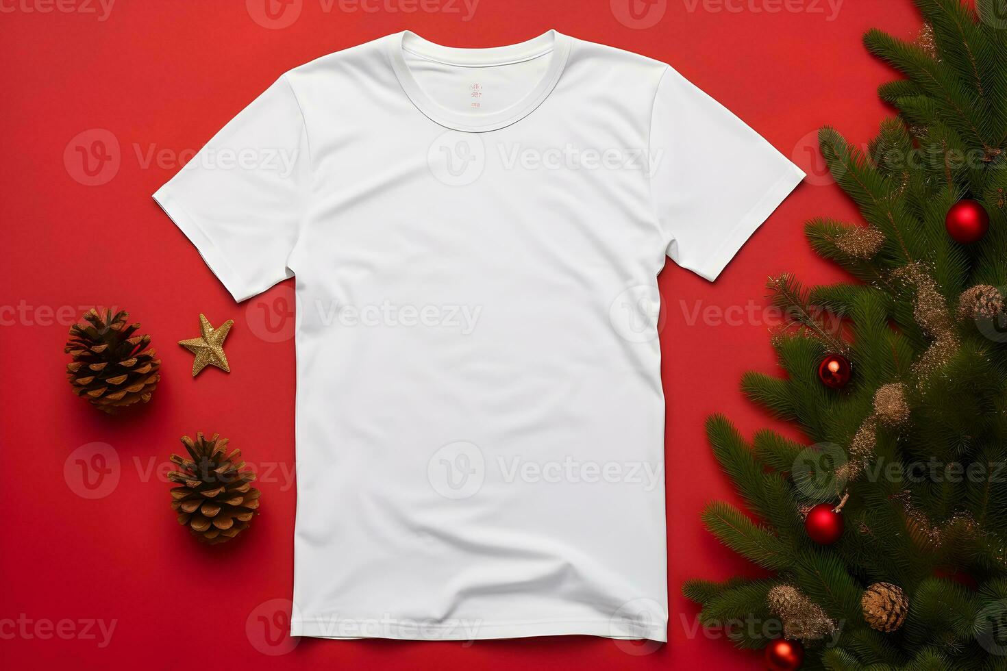 White t-shirt christmas mockup with fir tree branches, cones and balls decoration on red background. Design t shirt template, print presentation mock up. Top view flat lay. AI Generative photo