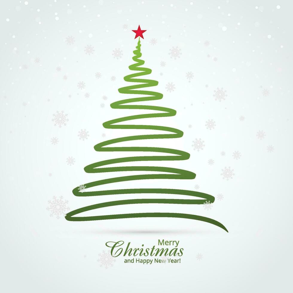 Minimal green line christmas tree card background vector