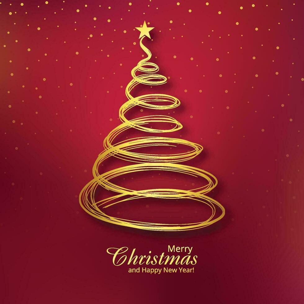 Artistic christmas line golden tree greeting card background vector